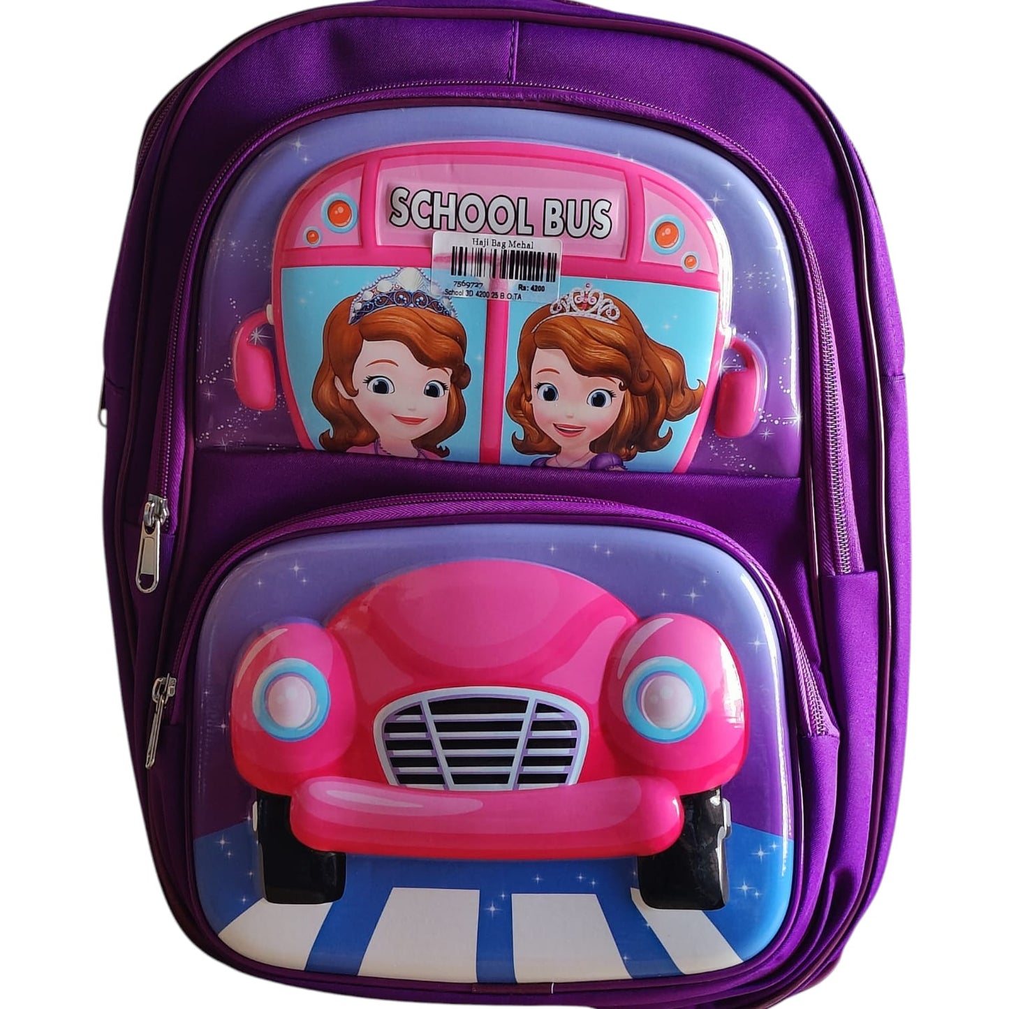 Princess Sofia School Bus Backpack | 3D Girls' Purple School Bag with Car Pocket