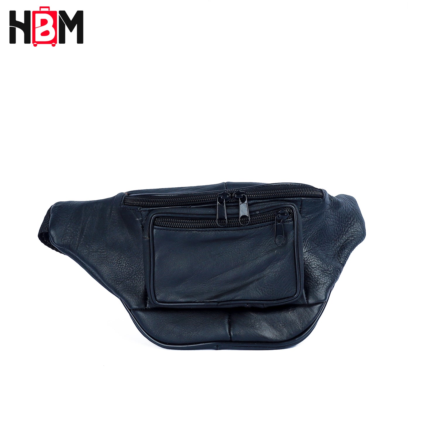 Black leather waist bag on a white background with HBM logo.