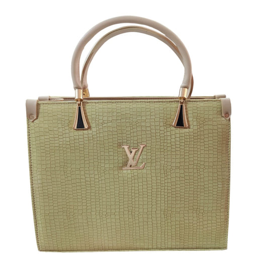 Chic Croc-Embossed Top-Handle Satchel with V-Emblem – Pale Gold