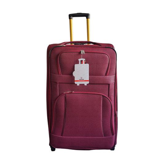 Maroon suitcase with a tag on a white background
